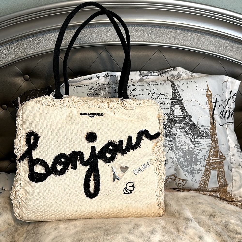 ✨KARL LAGERFELD PARIS BONJOUR MARKET TOTE✨ LARGE🔥BRAND NEW🔥NATURAL/BLACK❗️